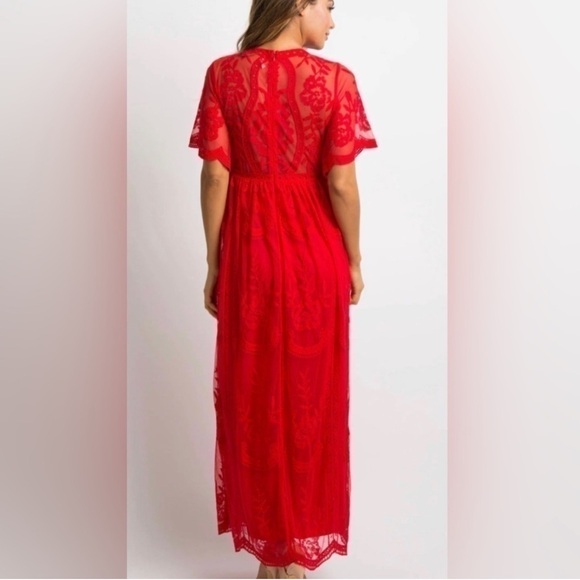 Pinkblush Red Lace Mesh Overlay Maxi Dress - Picture 4 of 10